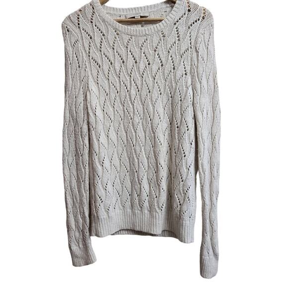 LOFT Open Knit Sweater Large Wool Rabbit Hair Blend Quiet Luxury Classic Preppy - Picture 3 of 10